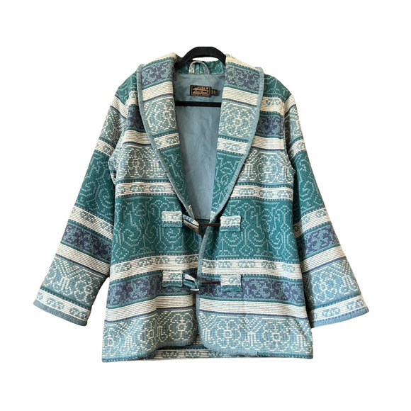 Vtg Eddie Bauer Wool Blanket Coat Tribal Shawl Collar Western Cabincore Rustic - Picture 1 of 11